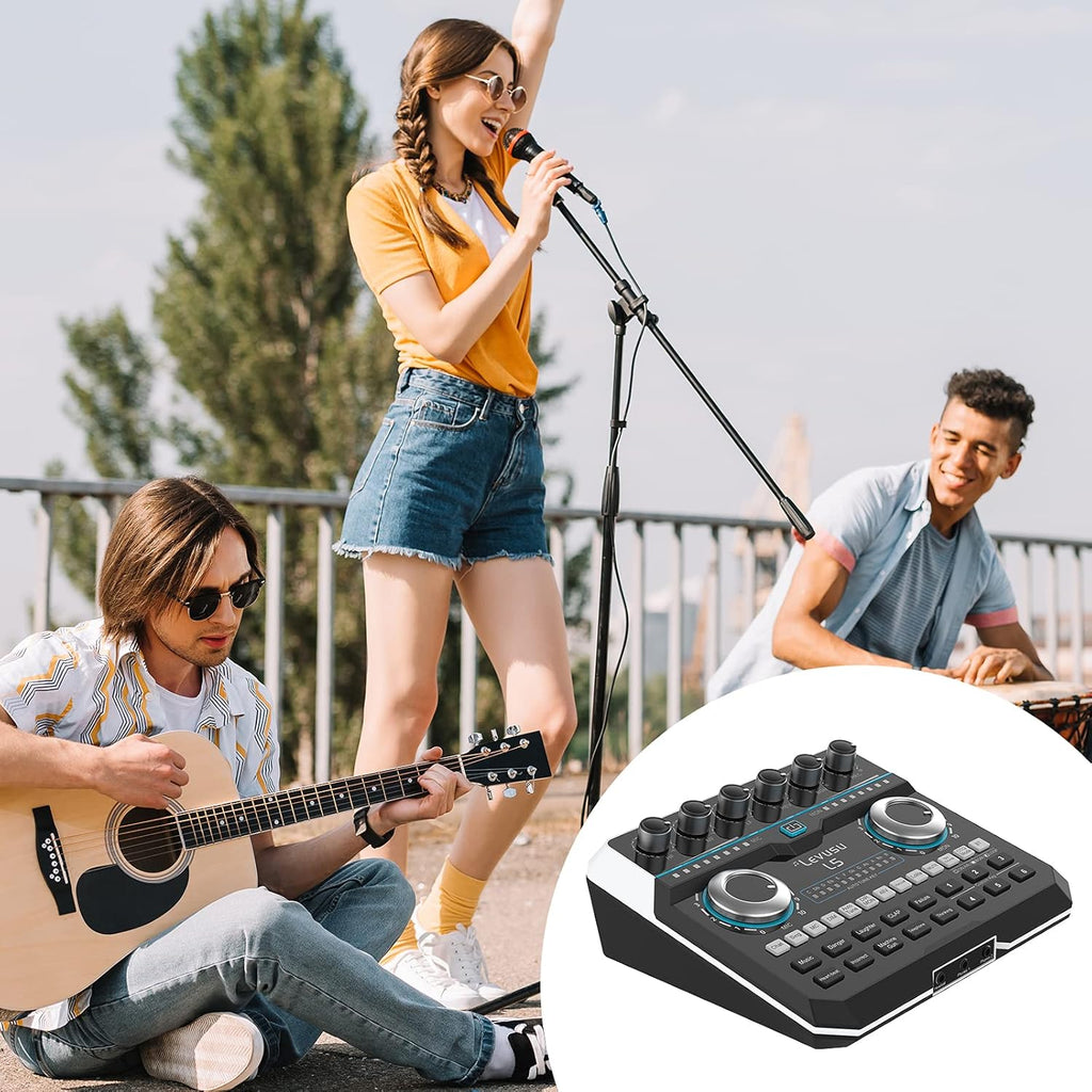 USB Digital Audio Interface with DJ Mixer and Live Sound Card, XLR, Phantom Power, Portable Podcast Studio Equipment U2304