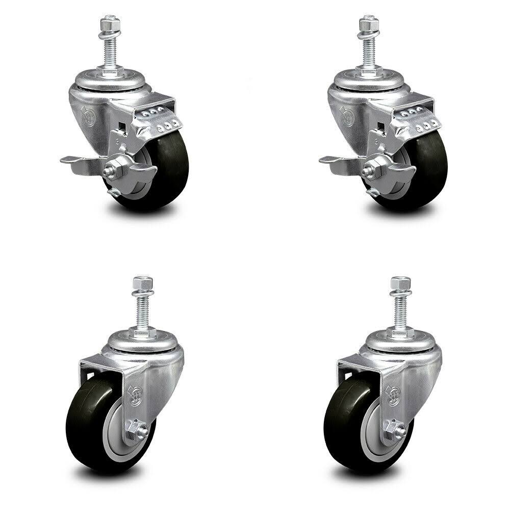 Set of 4 Black Polyurethane Swivel Threaded Stem Casters with 3 inch x 1.25 inch Wheels and 3/8 inch Stems H6330