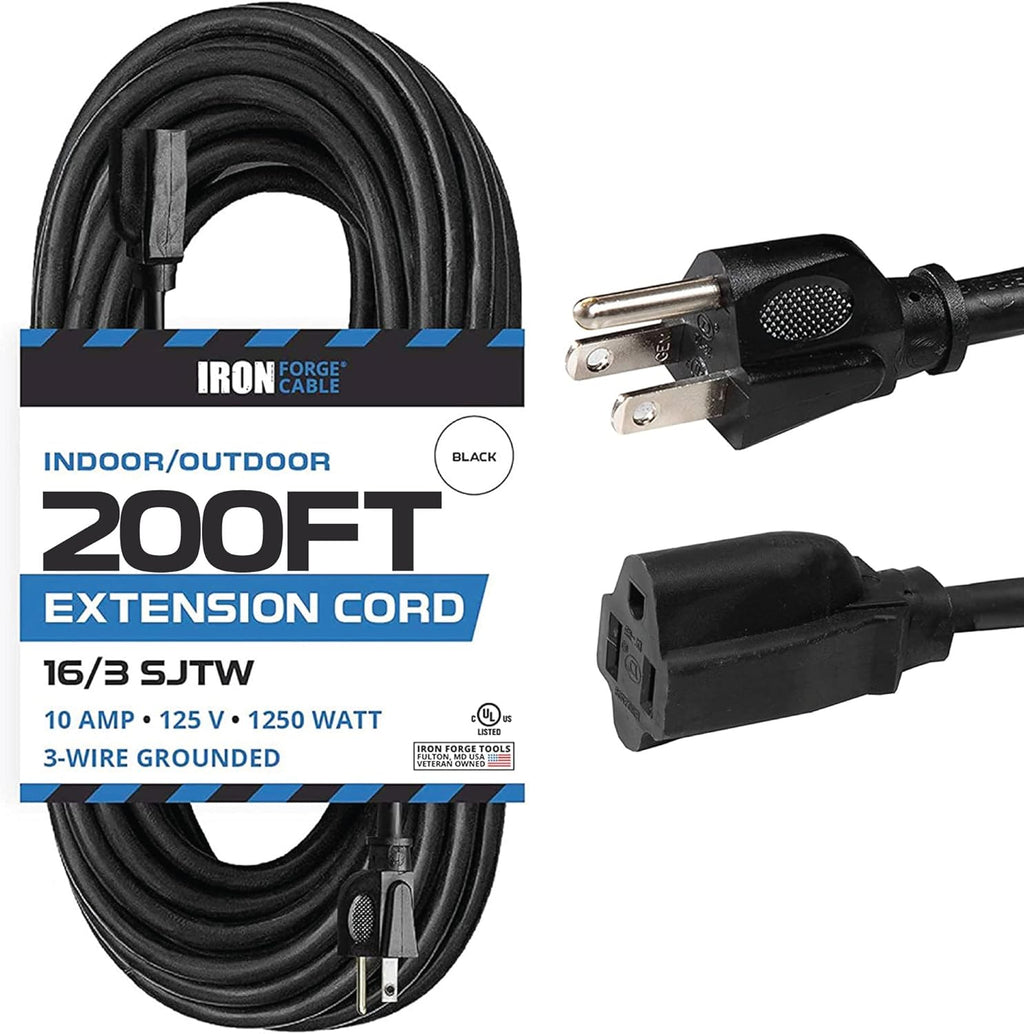 200 Ft 16/3 Black Outdoor Extension Cord with 3 Prong Grounded Plug T6512