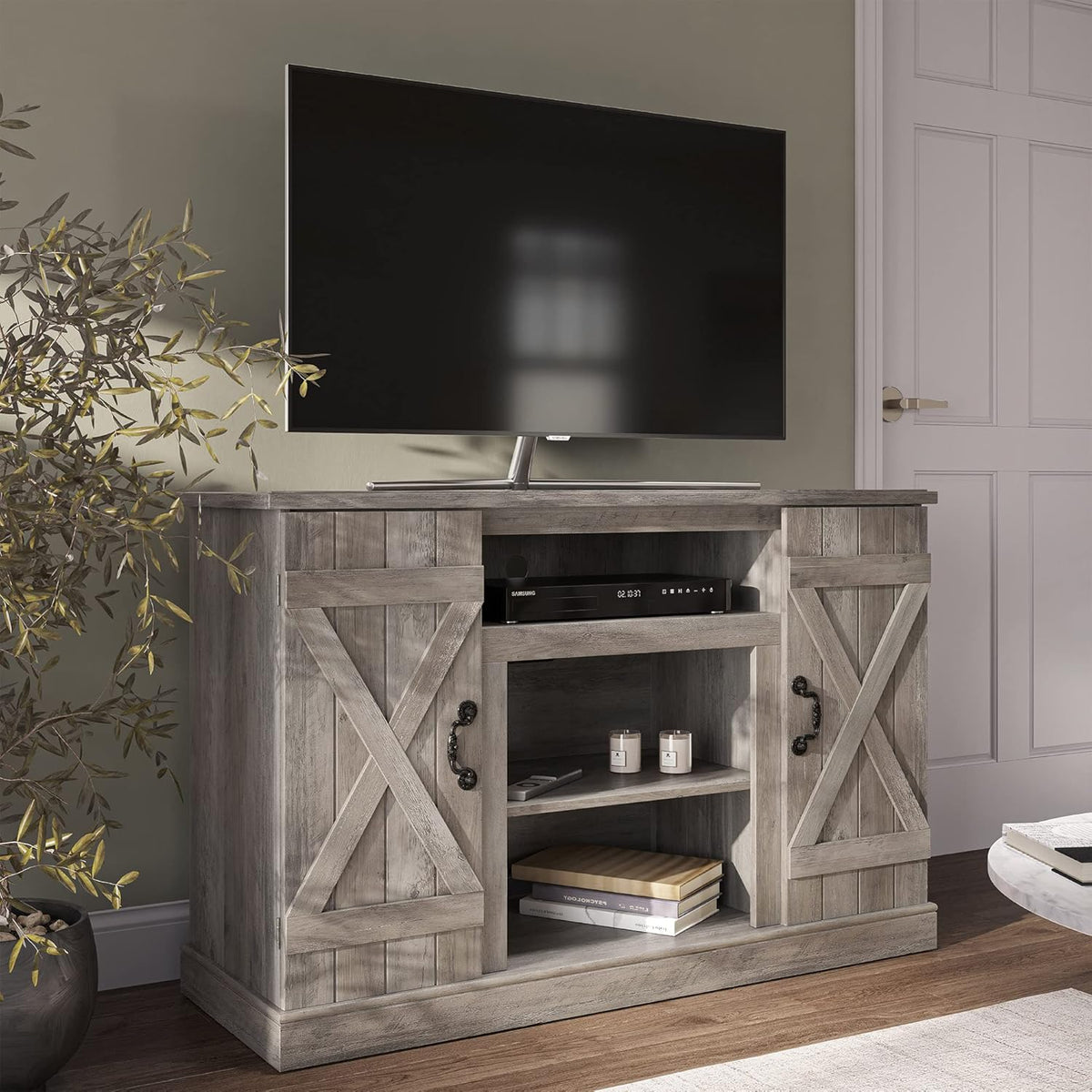 Industrial Electric Fireplace TV Stand with Open Storage Shelves and Cabinets B625