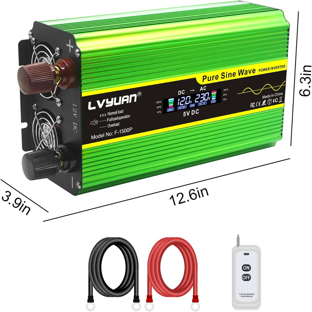 Pure Sine Wave Inverter 1600 Watts 12V to 110V DC to AC with Remote Controller LCD Display 4 AC Sockets 4 USB Ports R192118