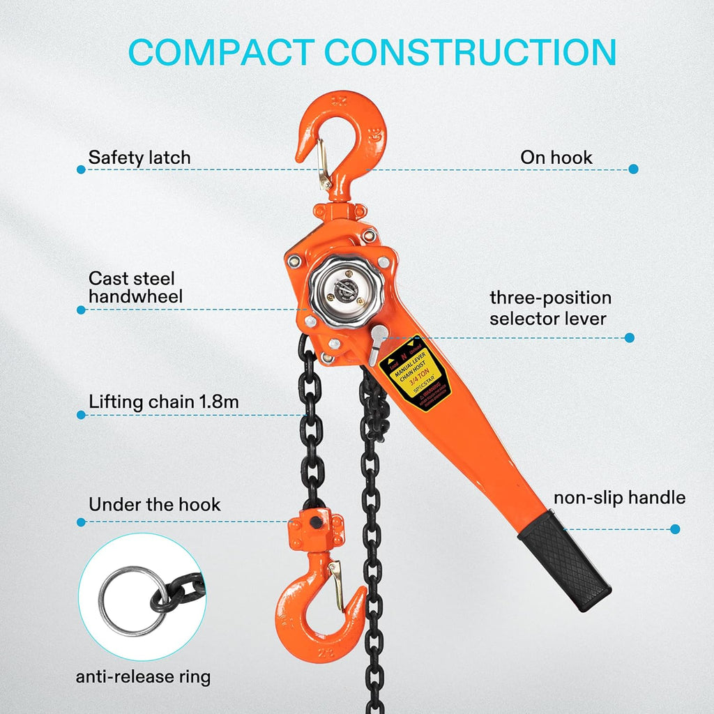Lever Chain Hoist 3/4 Ton Capacity 5 Feet with 2 Hooks Pack of 2 U39672