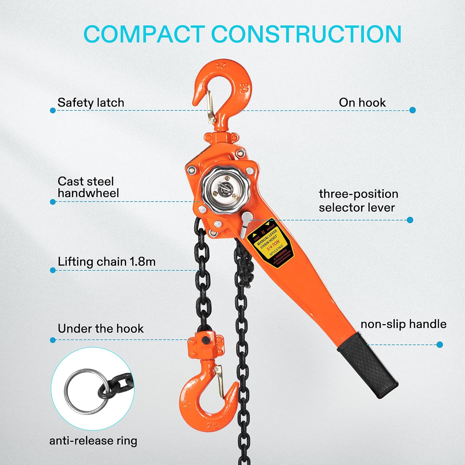 Lever Chain Hoist 3/4 Ton Capacity 5 Feet with 2 Hooks Pack of 2 U39672