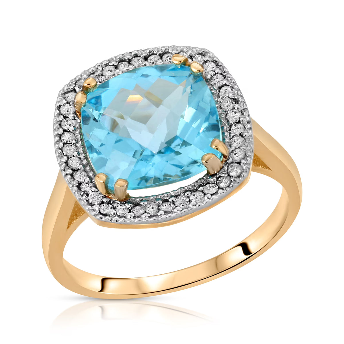 14K Solid Yellow Gold Cushion Cut 5.2 CTW Ring with Natural Diamonds and Blue Topaz I861016
