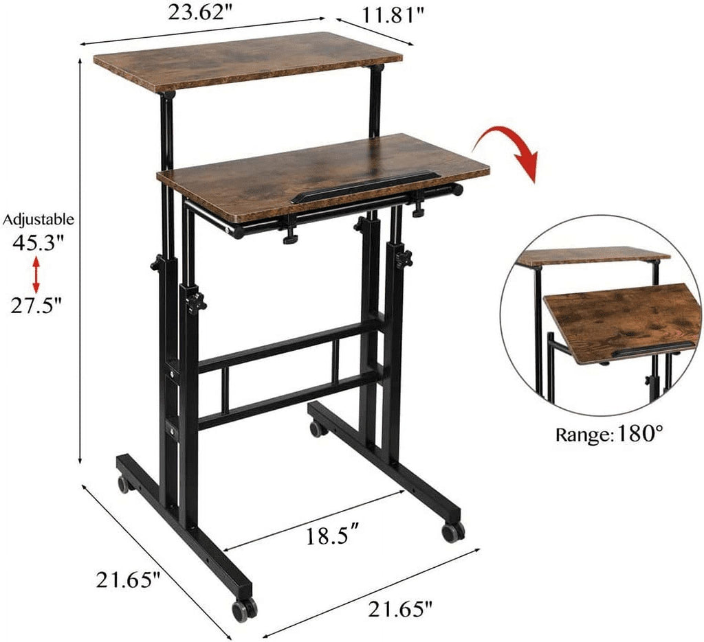 Rustic Brown Adjustable Height Rolling Desk Laptop Cart S454768