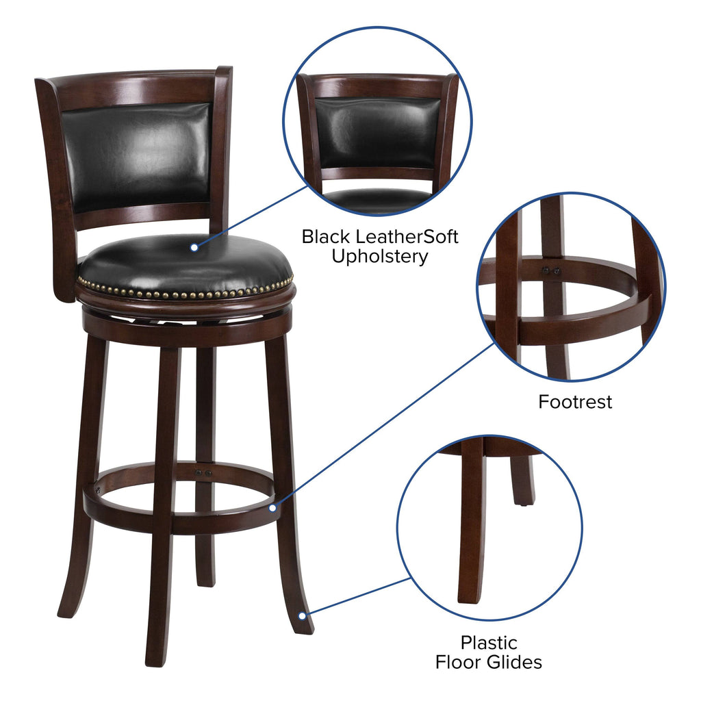 Cappuccino Wood Barstool with Black Leather Swivel Seat M288436