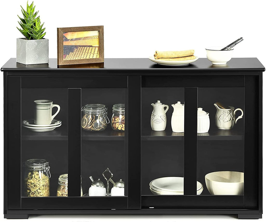 White Stackable Kitchen Sideboard with Sliding Glass Doors and Adjustable Shelf B45038