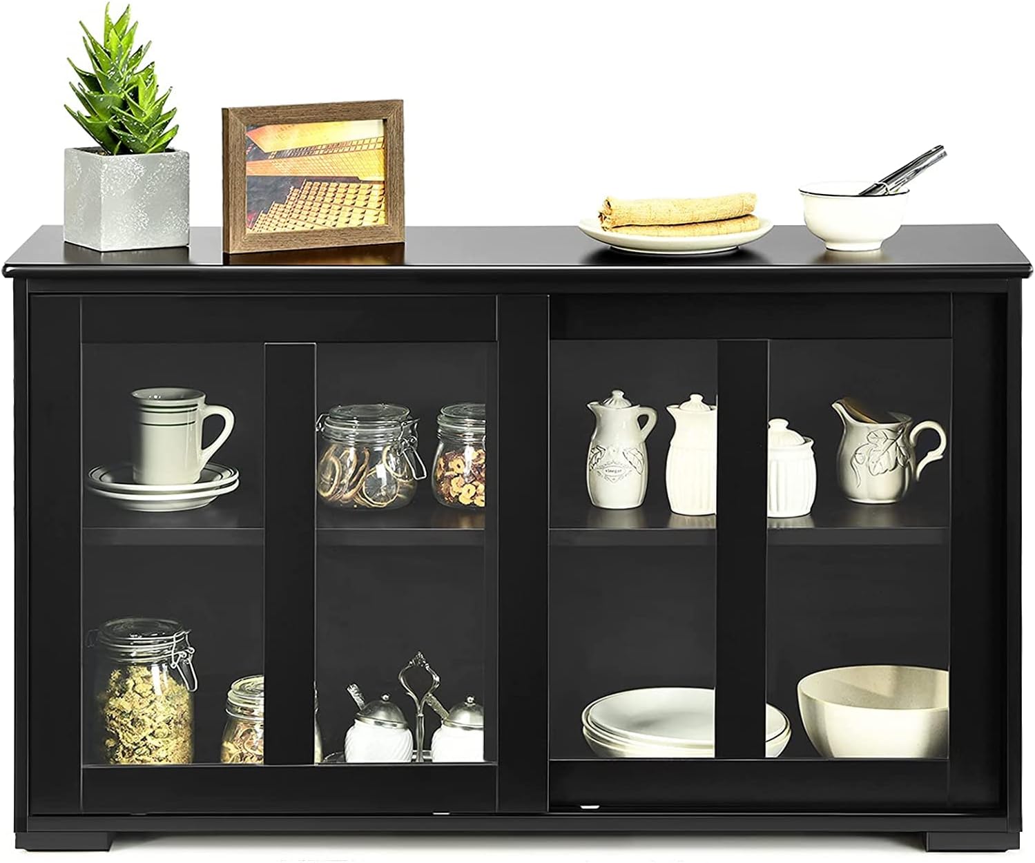 White Stackable Kitchen Sideboard with Sliding Glass Doors and Adjustable Shelf B45038