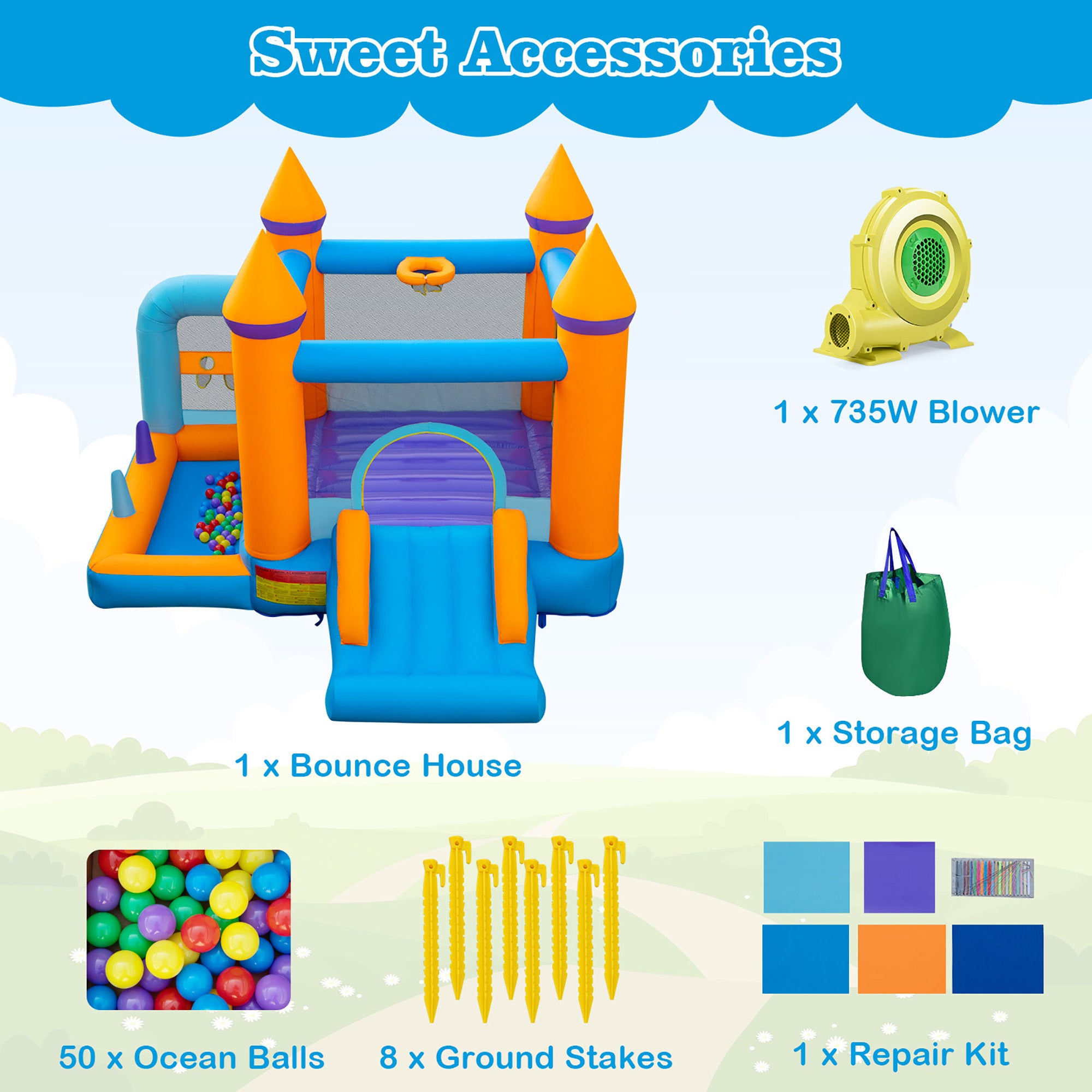 5-in-1 Inflatable Bounce Castle with Ocean Balls & 735W Blower L837899