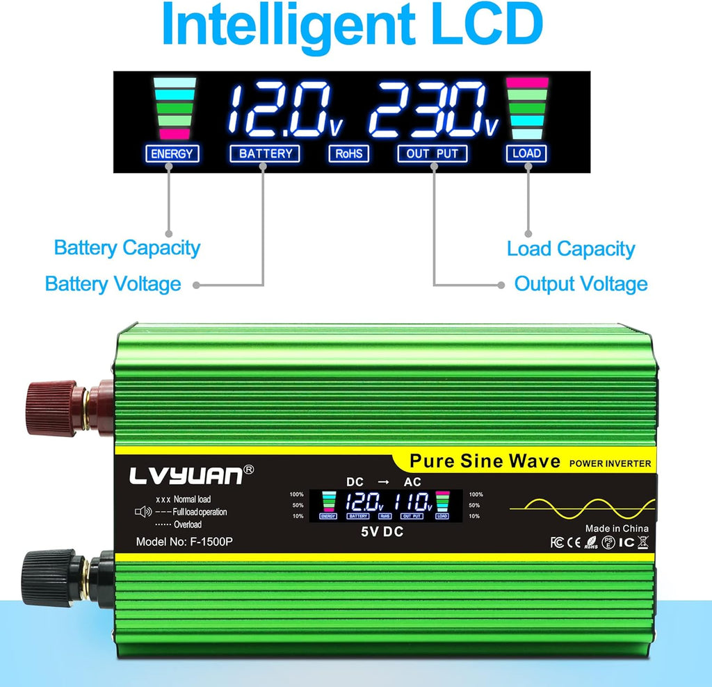 Pure Sine Wave Inverter 1600 Watts 12V to 110V DC to AC with Remote Controller LCD Display 4 AC Sockets 4 USB Ports R192118