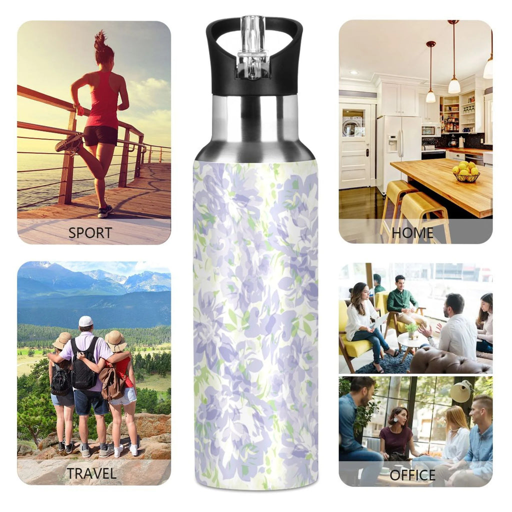 Purple Green Floral Stainless Steel Water Bottle with Straw Lid 20 OZ C688