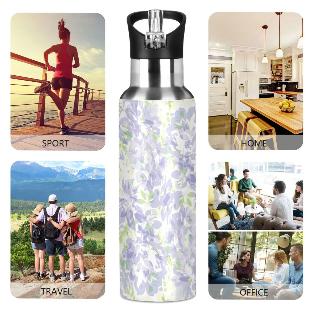 Purple Green Floral Stainless Steel Water Bottle with Straw Lid 20 OZ C688