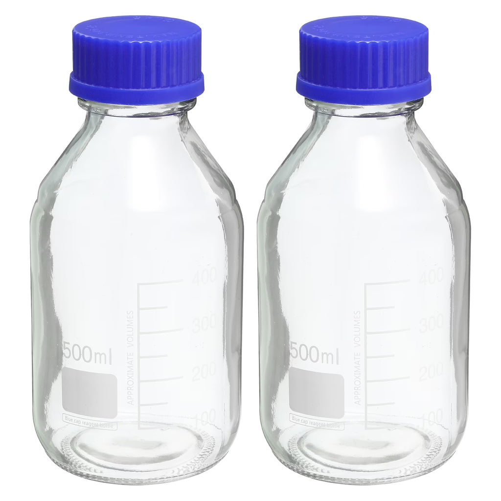 500mL Clear Graduated Glass Storage Bottle Blue Cap 2 Pack C638385