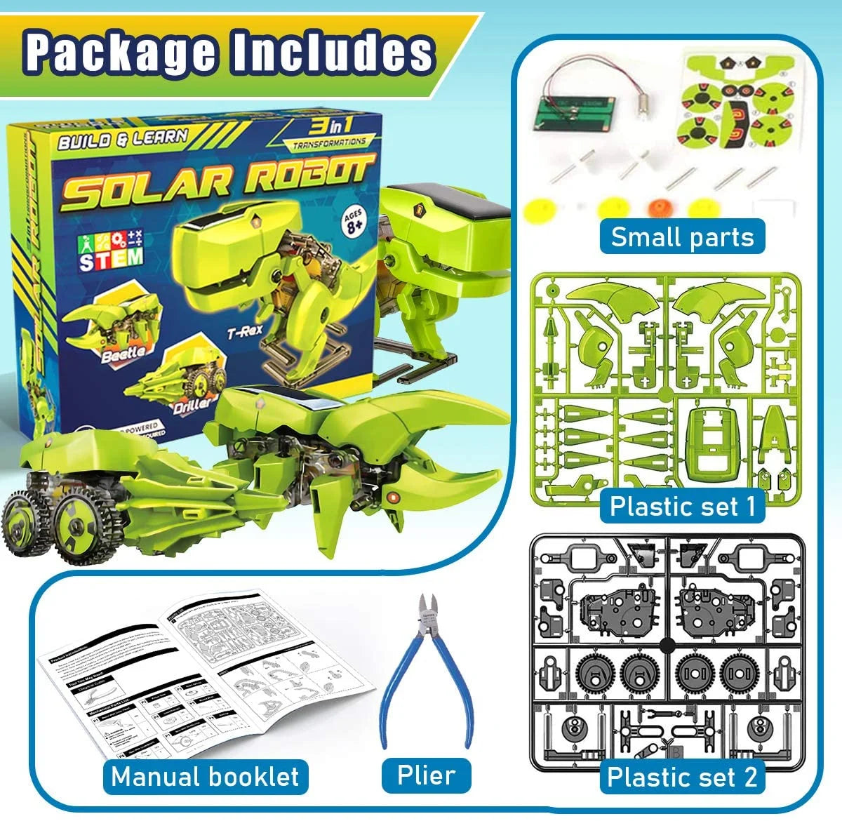 Solar Robot Kit 3-in-1 STEM Projects Robot Kit, Education Science Experiment Kit for Kids Aged 8-12 and Older F718372