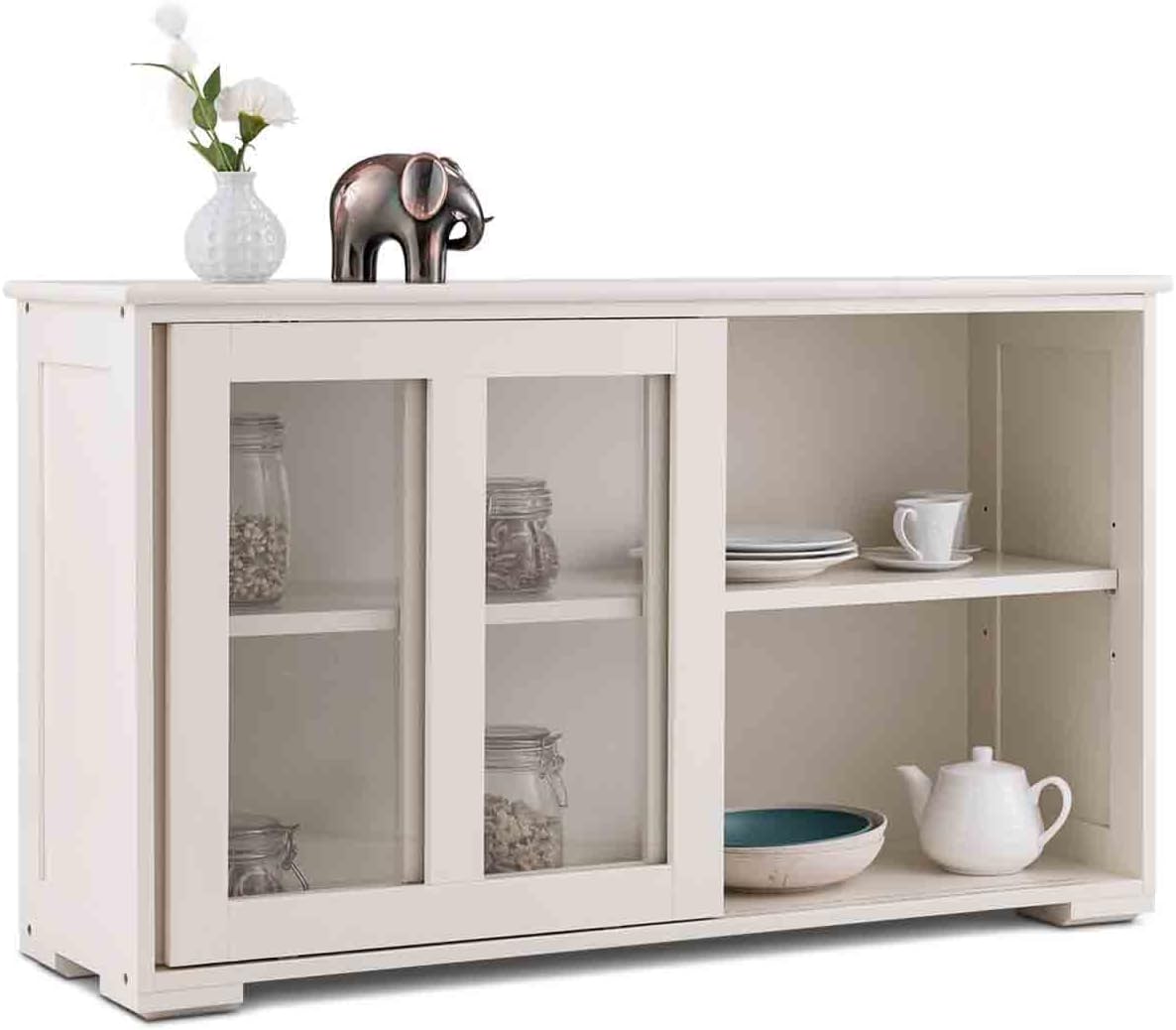 White Stackable Kitchen Sideboard with Sliding Glass Doors and Adjustable Shelf B45038