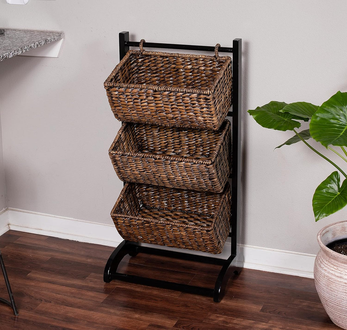 3-Tier Abaca Storage Organizer Shelf with Solid Wood Frame and 3 Baskets B4370