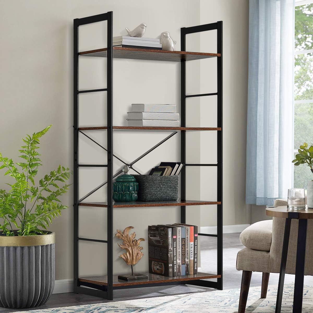 4 Tier Rustic Wood and Metal Frame Bookshelf R733