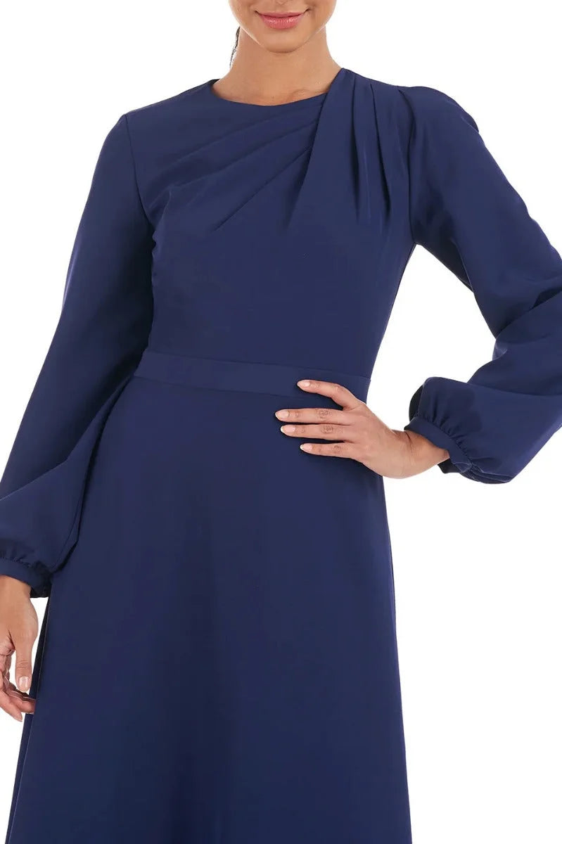 Crew Neck Long Sleeve A-Line Stretch Crepe Dress V1193