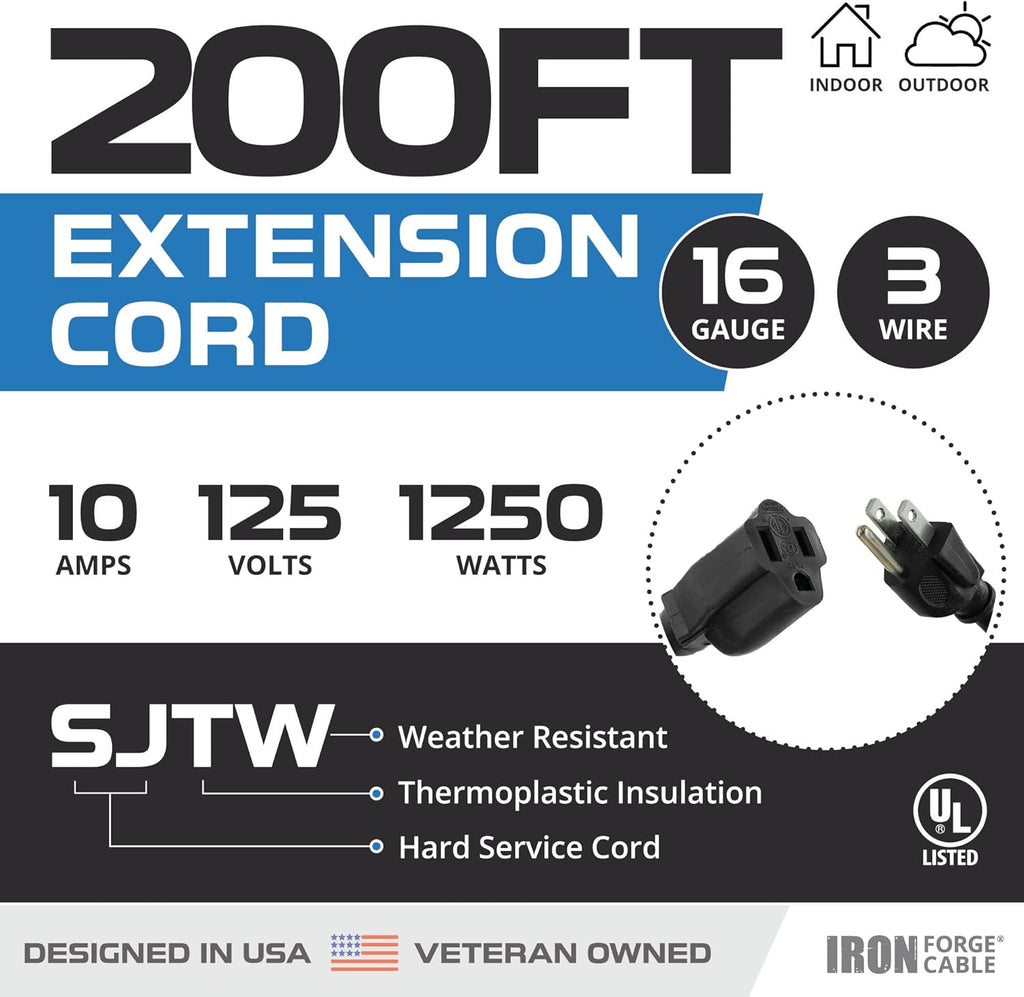 200 Ft 16/3 Black Outdoor Extension Cord with 3 Prong Grounded Plug T6512