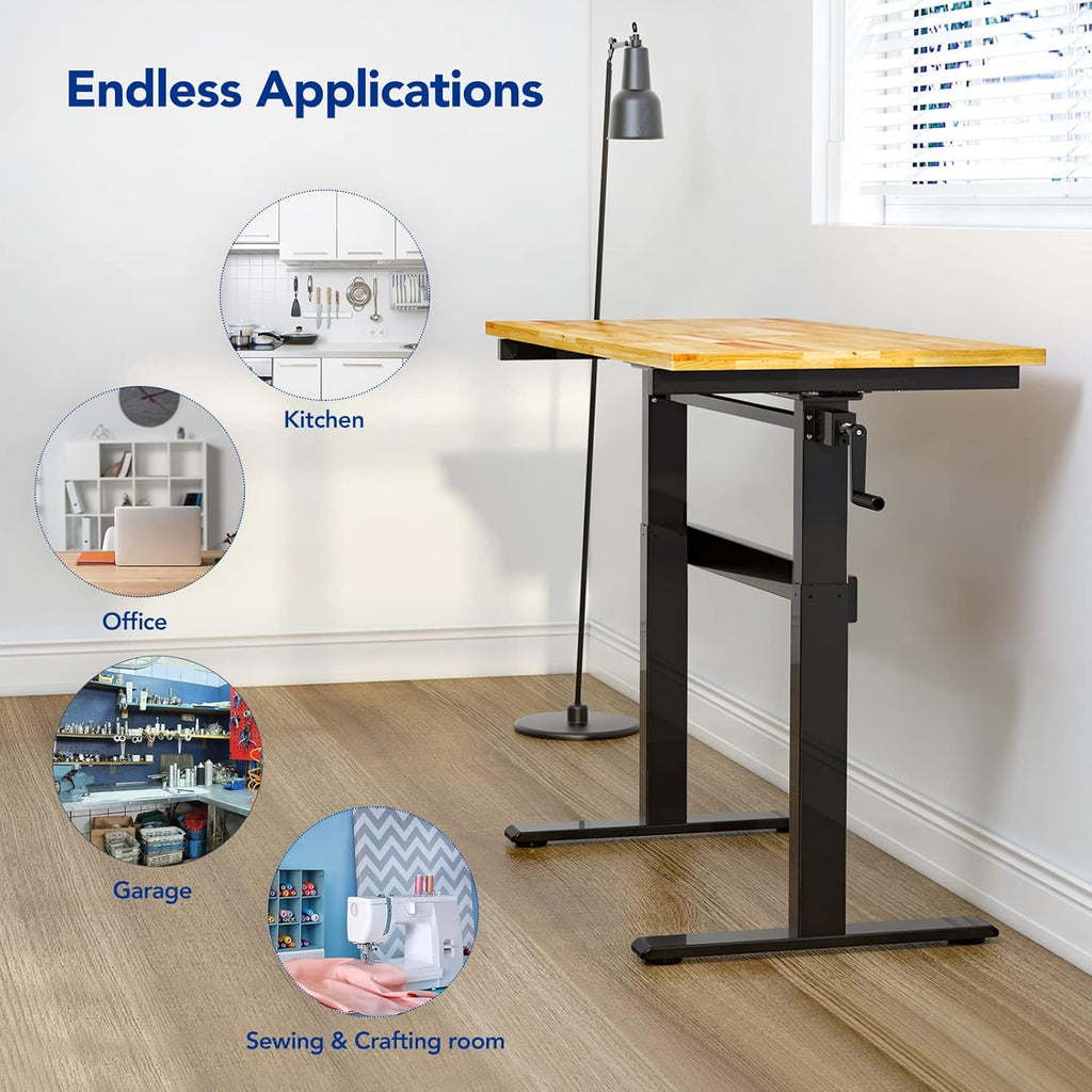 Height-Adjustable Work Table with Crank Handle, 500-lb Capacity Rubberwood Top T98598