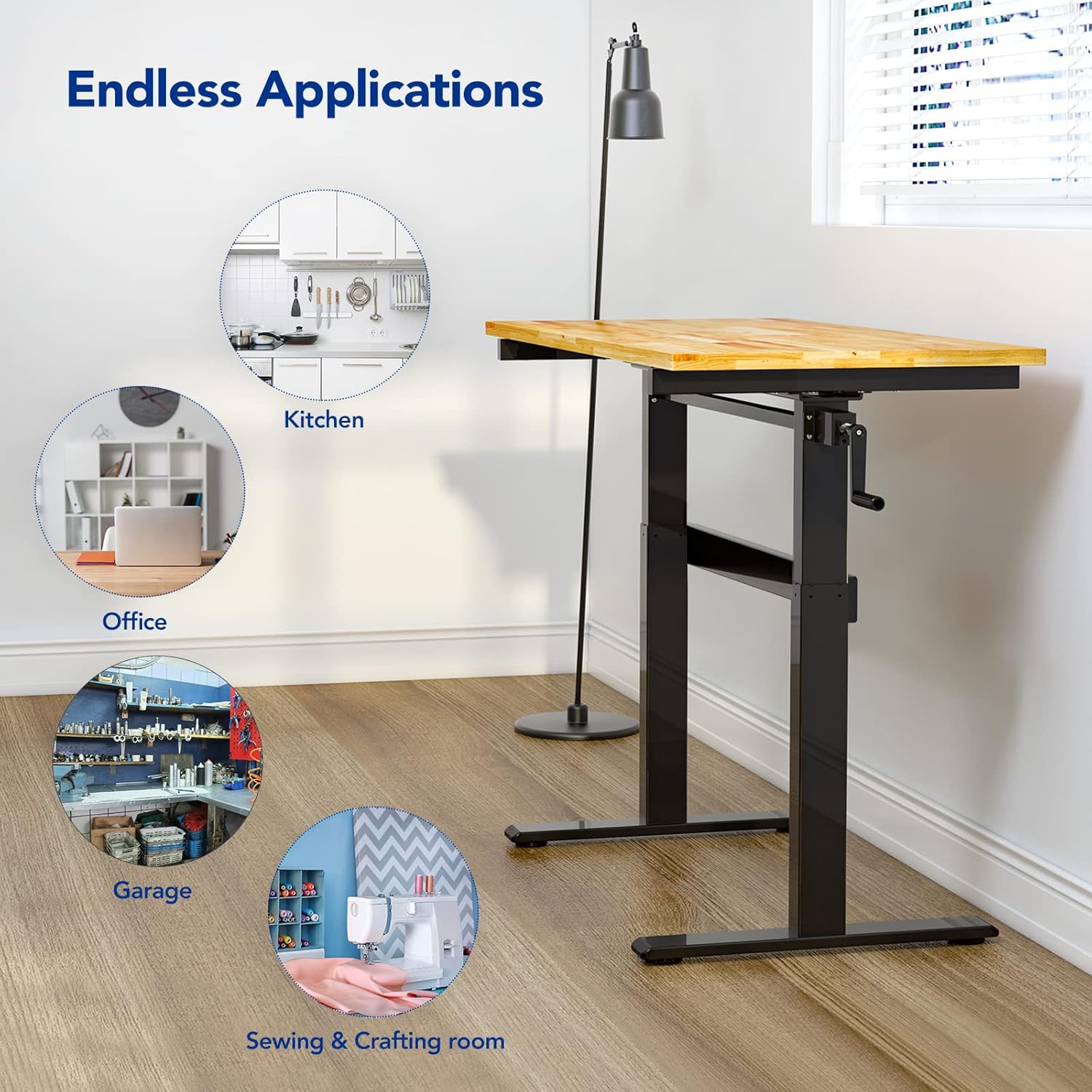 Height-Adjustable Work Table with Crank Handle, 500-lb Capacity Rubberwood Top T98598