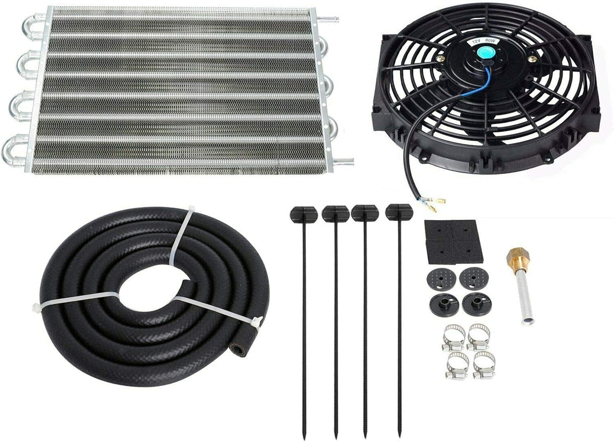 6 Row Transmission Cooler Aluminium Radiator Remote Oil Cooler with 10" Cooling Fan Mounting Kit Pack of 2 E9533