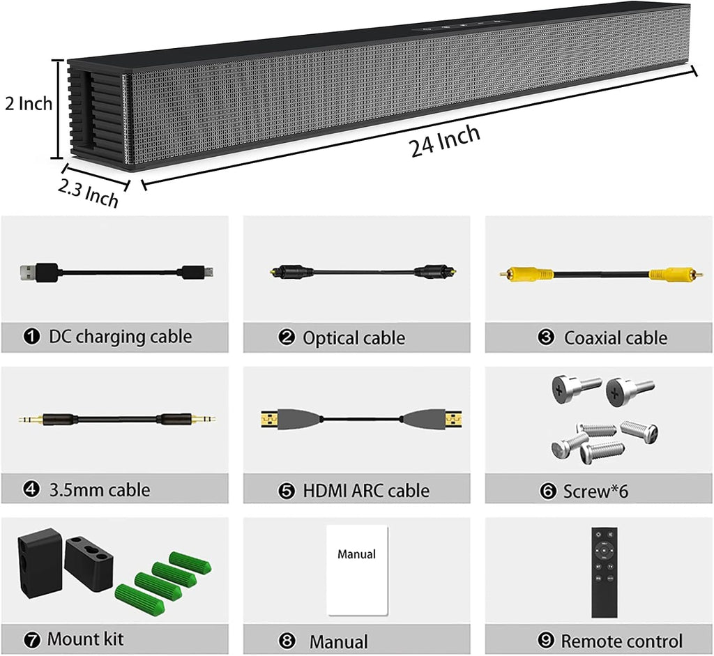 Soundbar with Built-in Subwoofer, Bluetooth 5.0, HDMI, USB, Optical, AUX, Wall Mountable Y14521