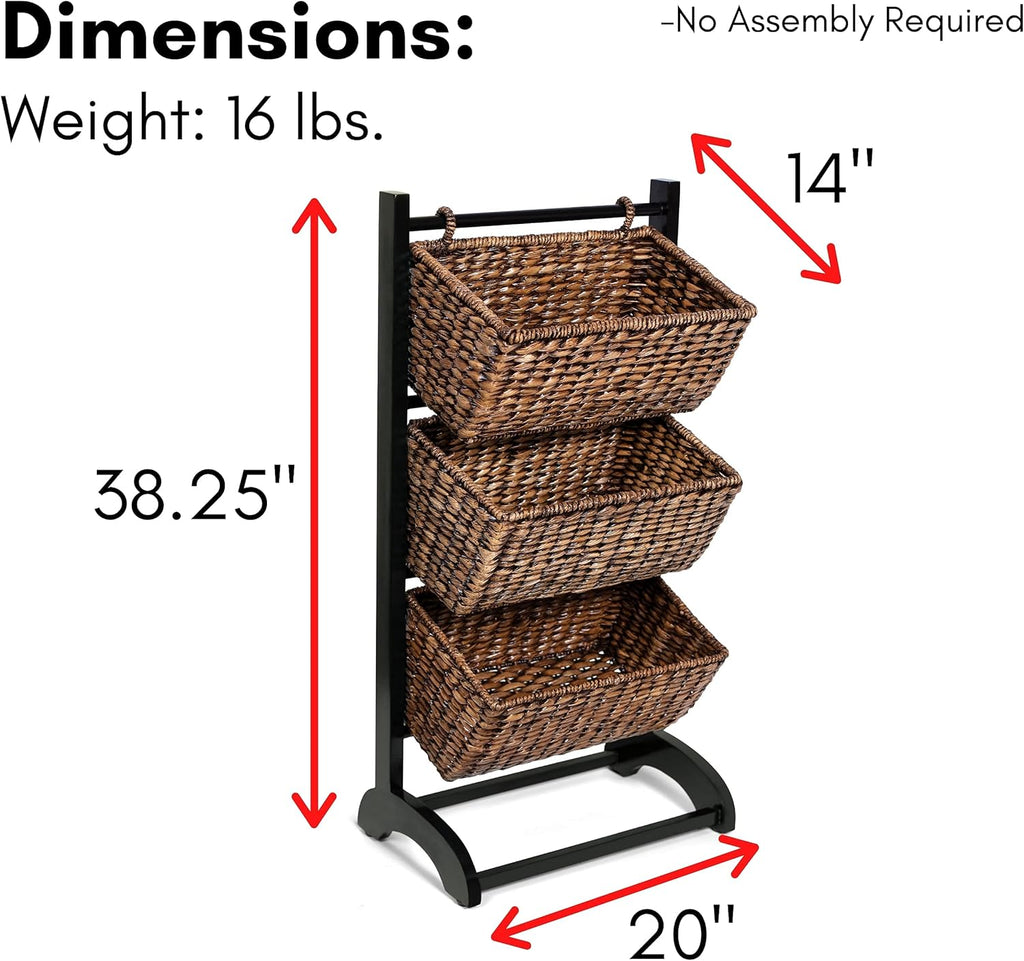3-Tier Abaca Storage Organizer Shelf with Solid Wood Frame and 3 Baskets B4370