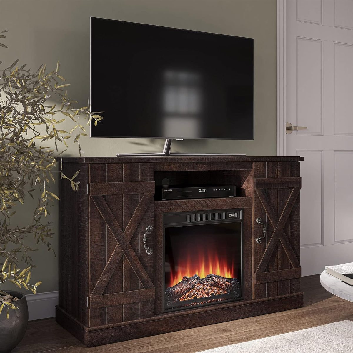 Industrial Electric Fireplace TV Stand with Open Storage Shelves and Cabinets B625