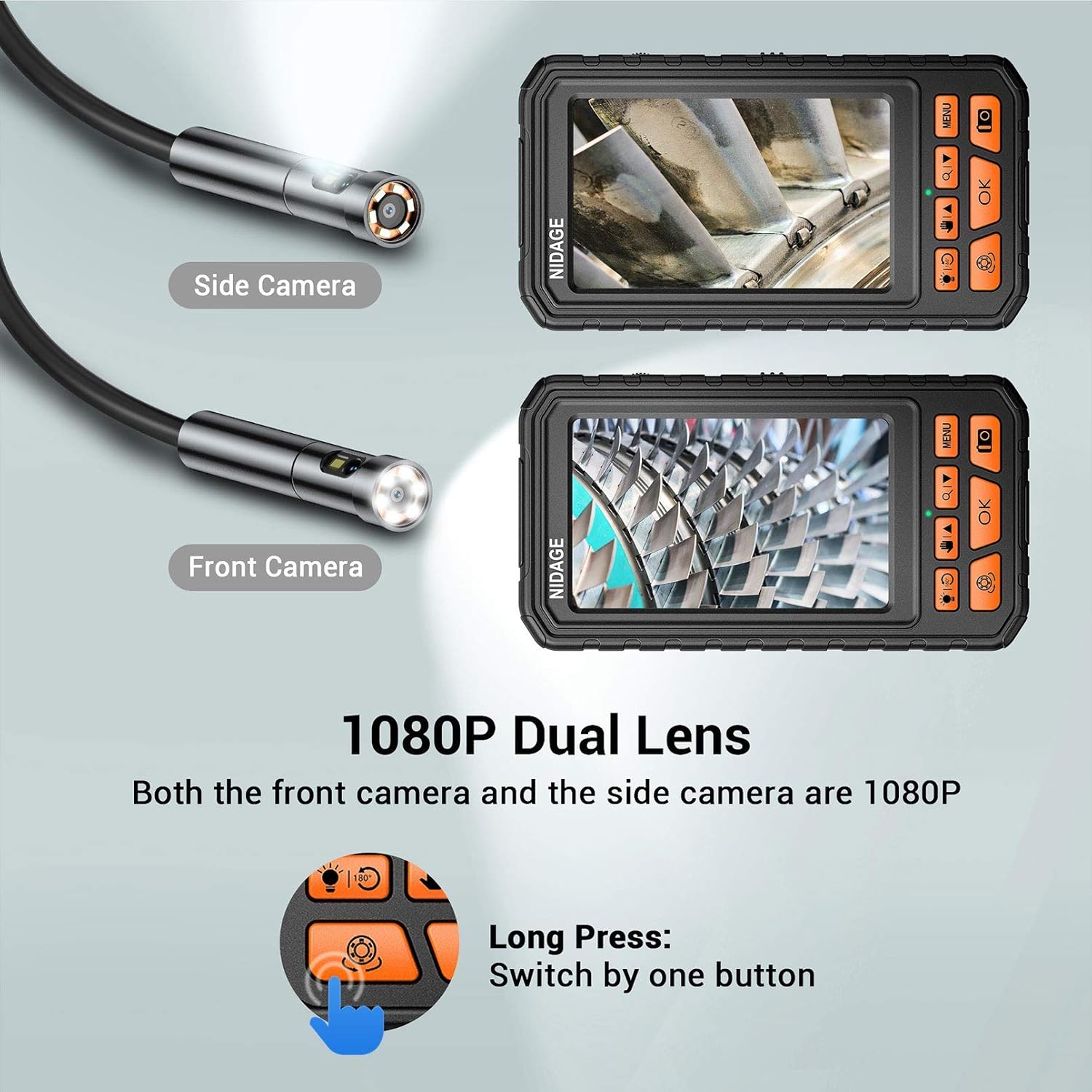 5.0mm Dual Lens Inspection Camera Endoscope with 5 1080P HD IPS Screen, 11.5ft Cable, IP67 Waterproof Borescope Q17403