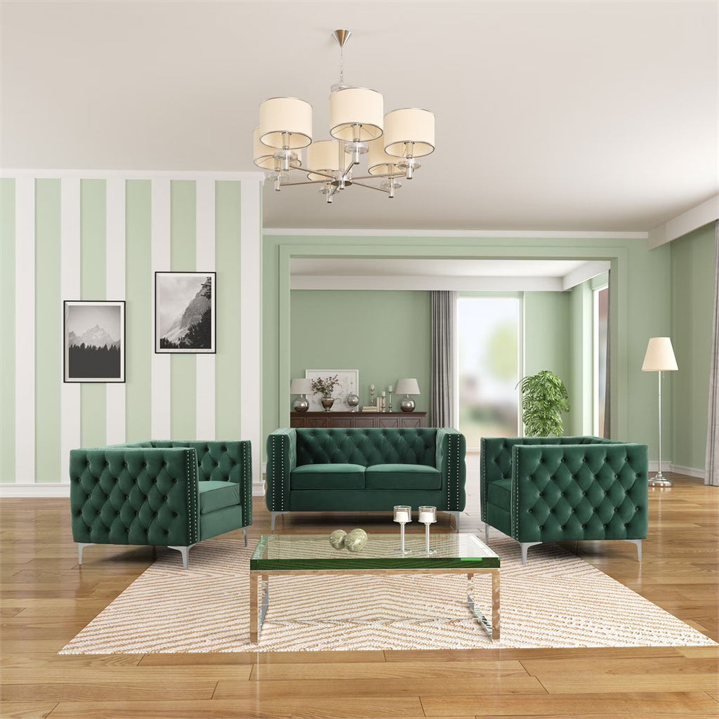 Dark Green 3-PC Velvet Loveseat and 2 Chairs Set W2456