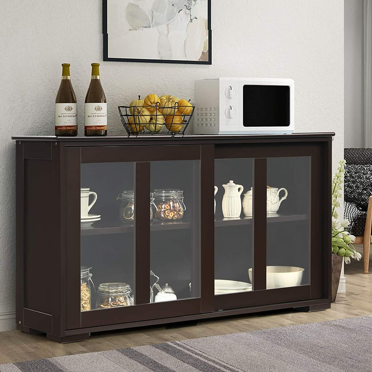 White Stackable Kitchen Sideboard with Sliding Glass Doors and Adjustable Shelf B45038