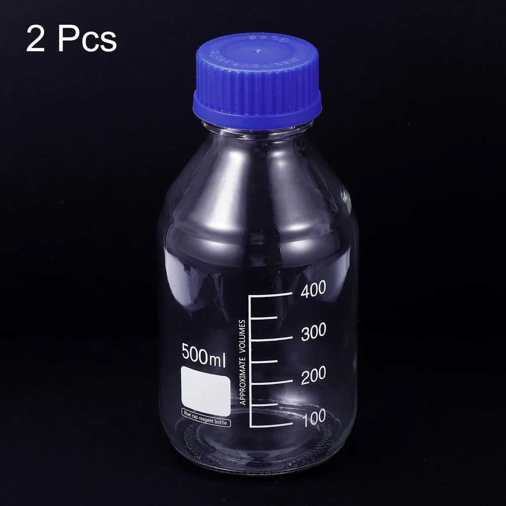 500mL Clear Graduated Glass Storage Bottle Blue Cap 2 Pack C638385
