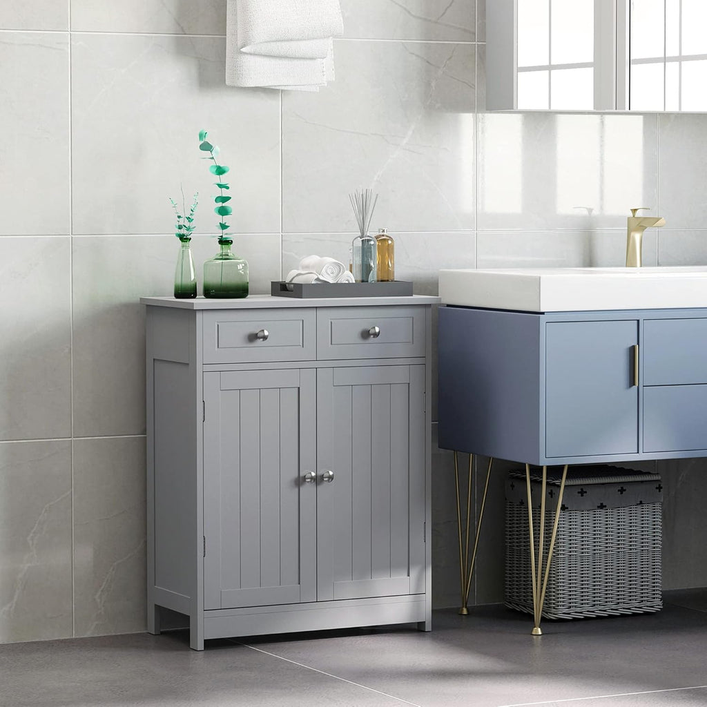 Grey Freestanding Bathroom Storage Cabinet with 2 Door, 2 Drawers, Adjustable Shelf Z31398