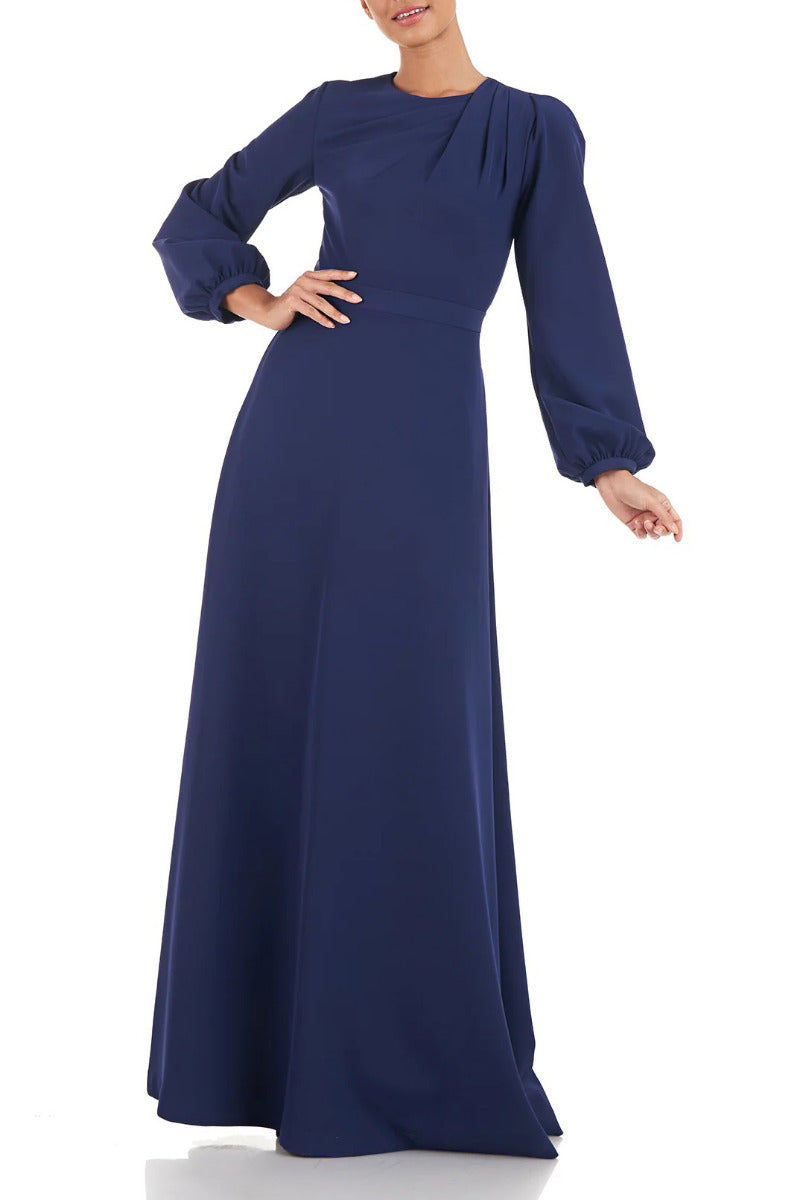 Crew Neck Long Sleeve A-Line Stretch Crepe Dress V1193