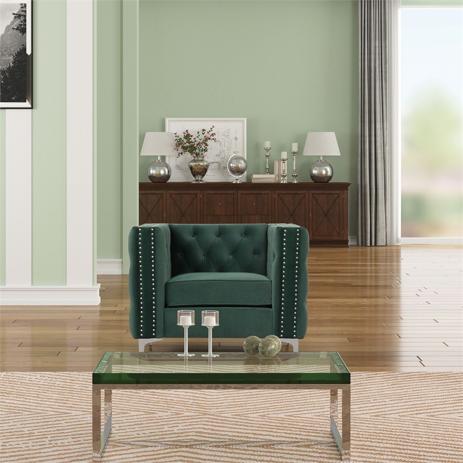 Dark Green 3-PC Velvet Loveseat and 2 Chairs Set W2456