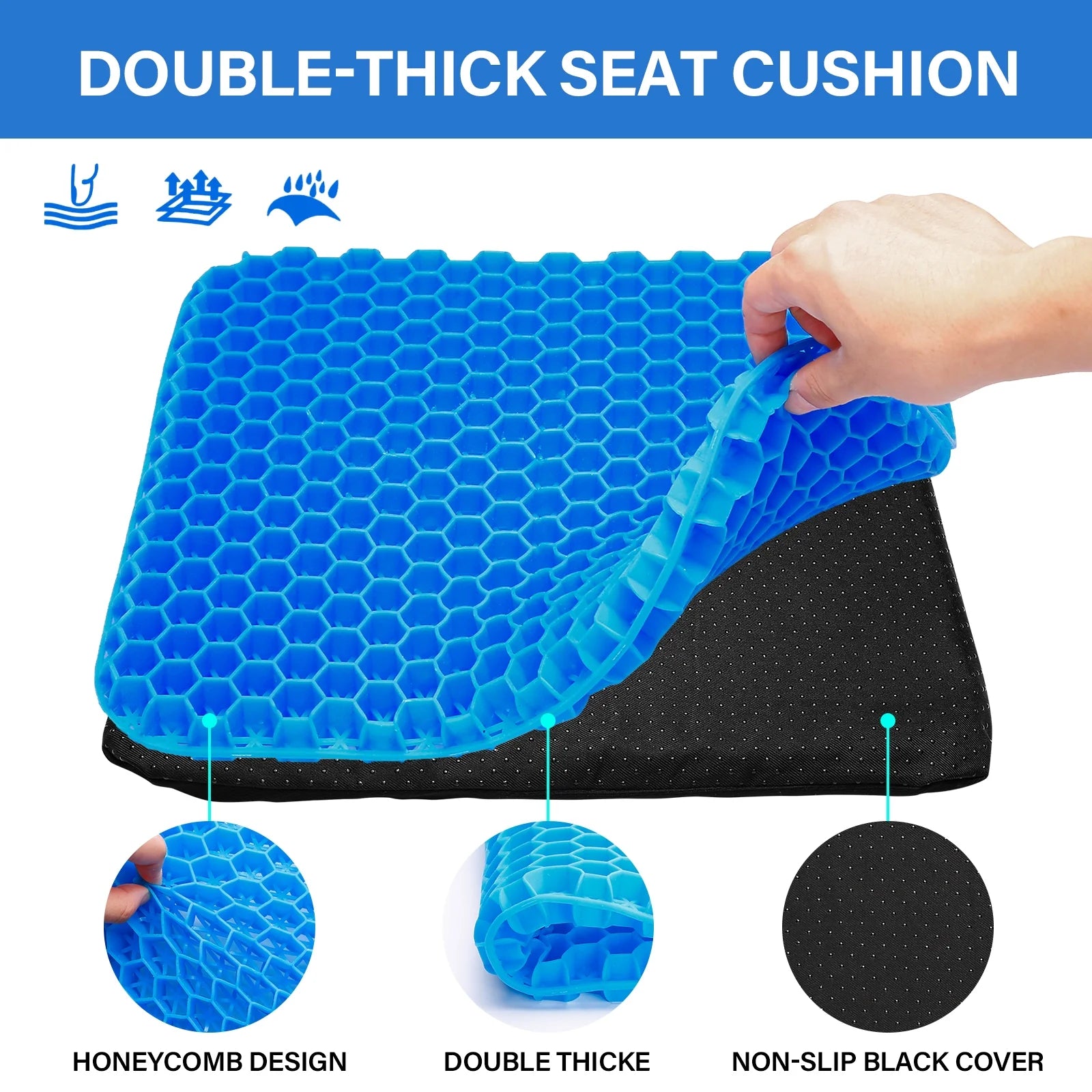 Gel Kayak Seat Cushion with Washable Non-Slip Cover, Waterproof Double Thicken Layer, Breathable Honeycomb Design, 14.9inch*12.9inch*1.1inch C15705