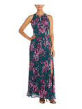 Green Zippered Floral Sleeveless Halter Sheath Dress Petites 12P X729770