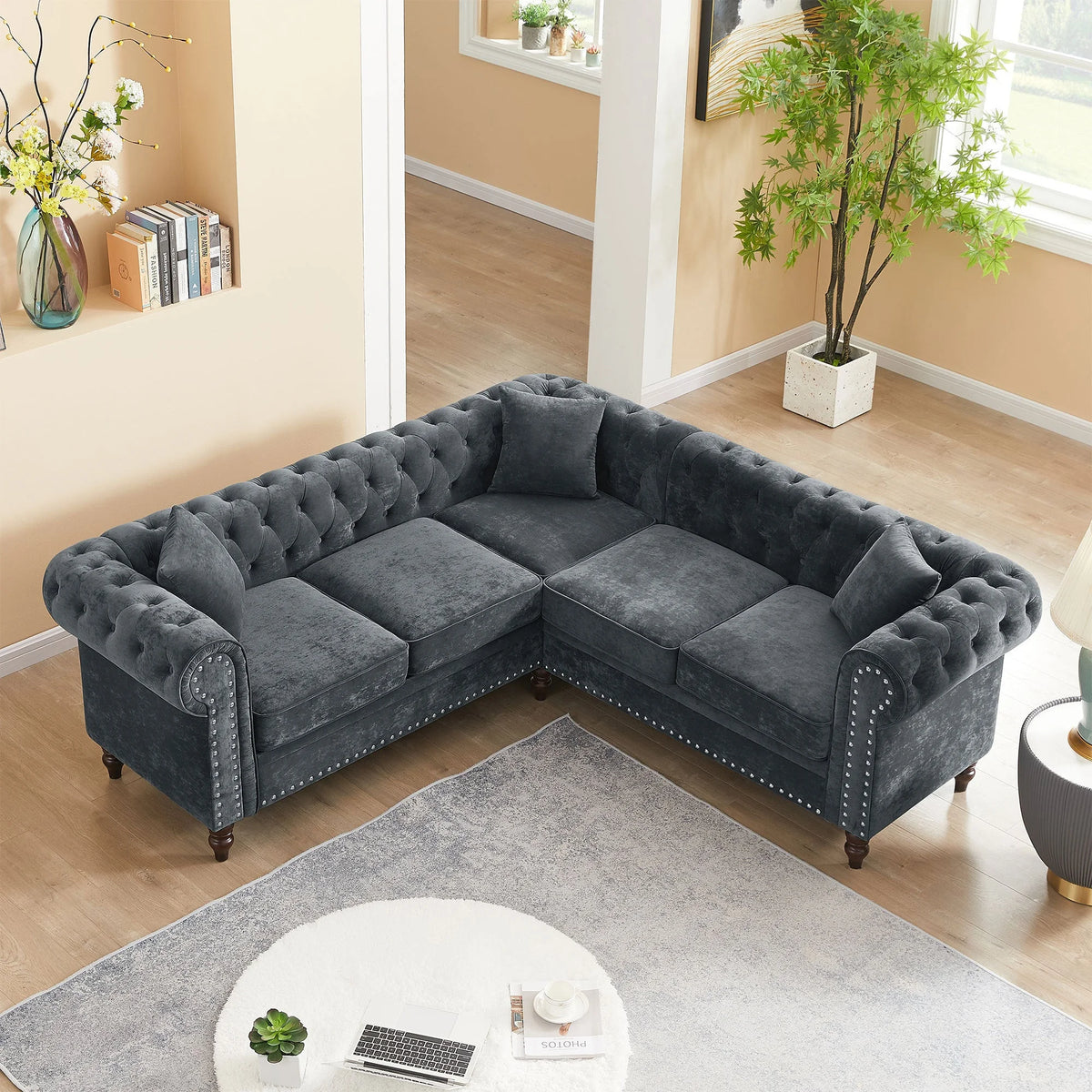 Gray Velvet Button Tufted L-shaped Sofa D53191