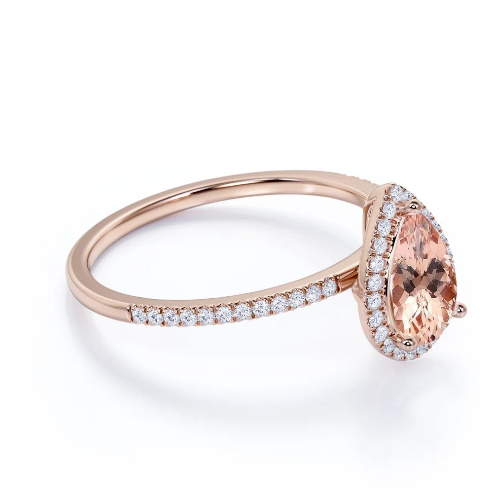 Pear Cut Peach Pink Morganite Halo Engagement Ring in 18k Rose Gold over Silver U23140