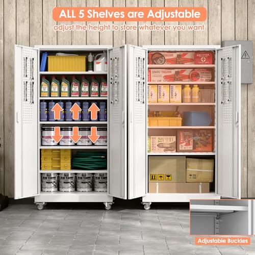 Lockable Rolling Steel Storage Cabinet with 5 Adjustable Shelves and Door (Black and Grey) W708