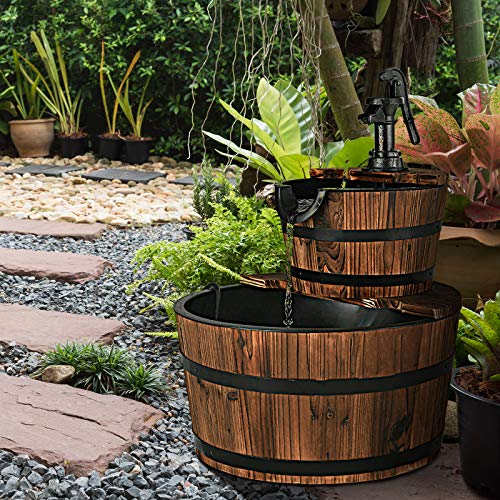 2-Tier Barrel Waterfall Fountain with Electric Pump G164003