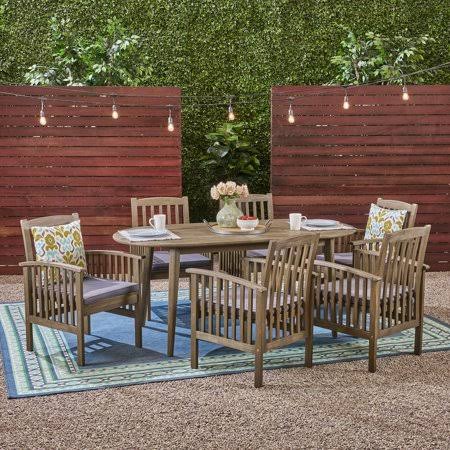 7 Piece Outdoor Acacia Wood Dining Set in Gray and Dark Gray O158