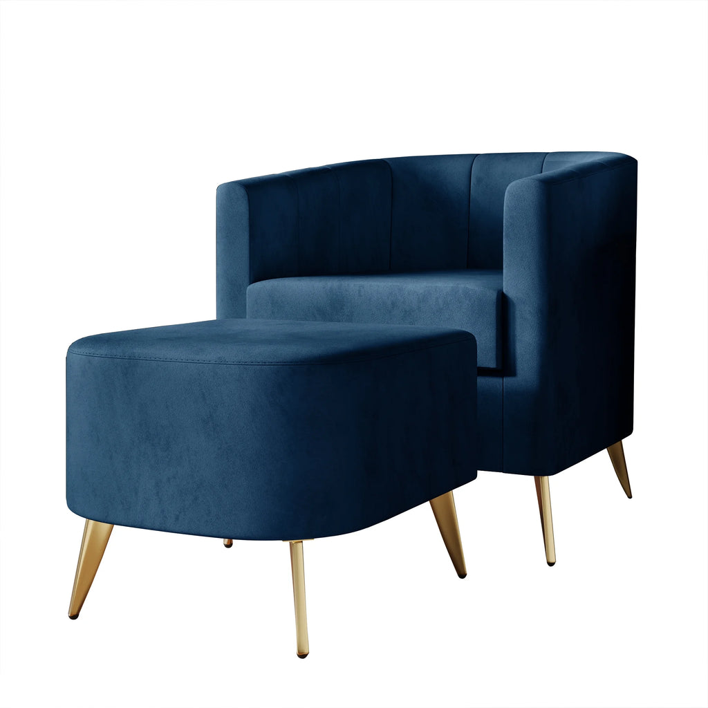 Navy Blue Velvet Accent Chair with Stool A7153