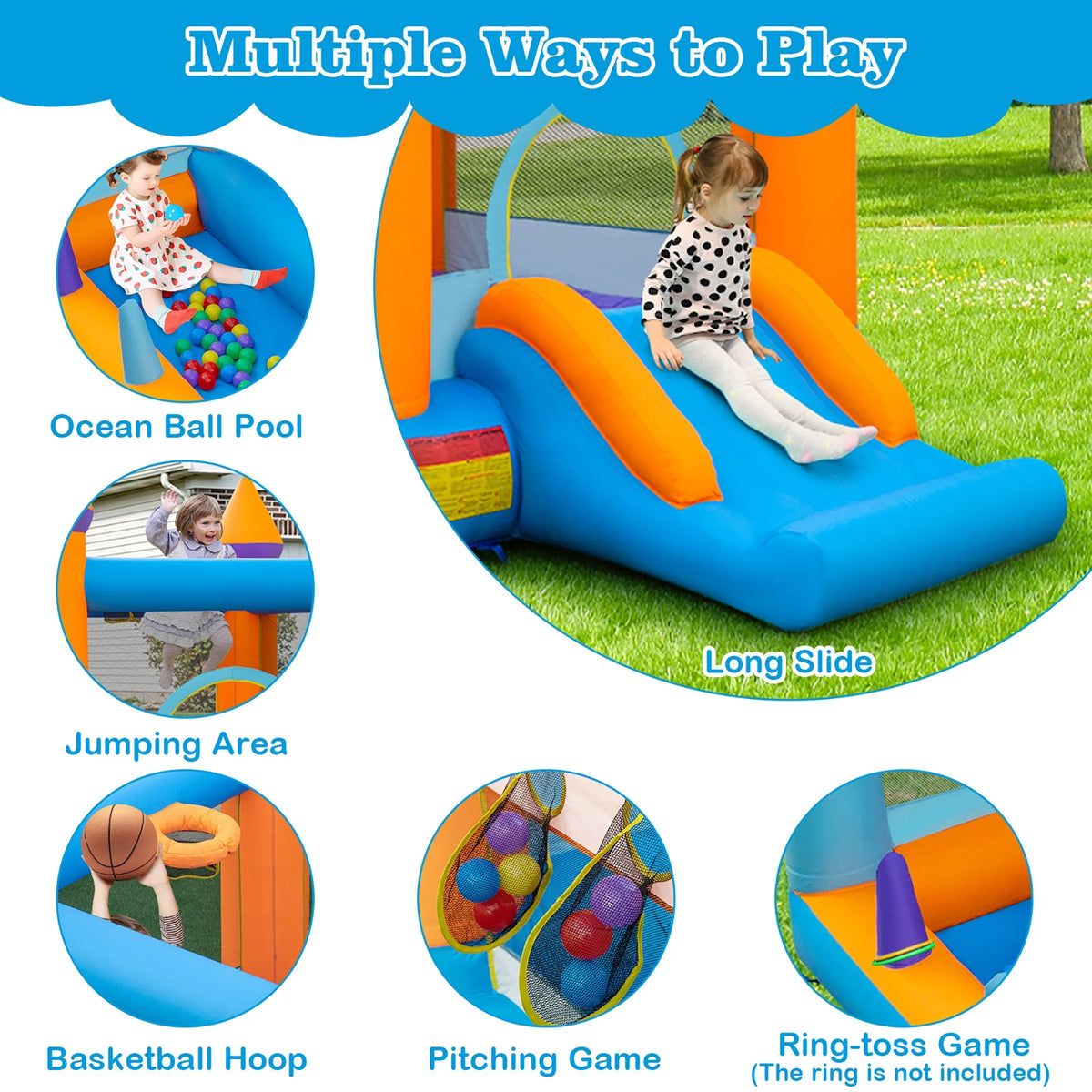 5-in-1 Inflatable Bounce Castle with Ocean Balls & 735W Blower L837899