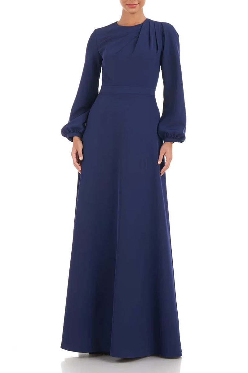 Crew Neck Long Sleeve A-Line Stretch Crepe Dress V1193