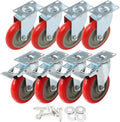 8 Pack 5 Inch Combo Caster Swivel Plate 4 w/Brake & 4 Plate Heavy Duty Red PU Wheels J4183