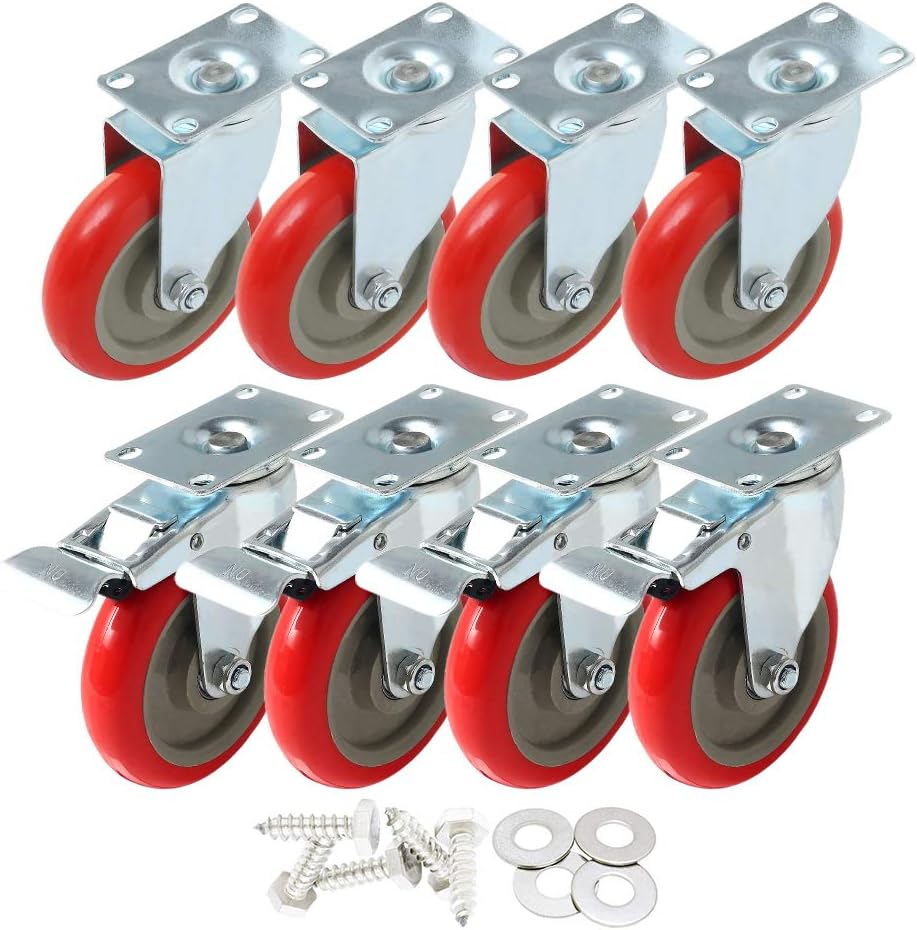 8 Pack 5 Inch Combo Caster Swivel Plate 4 w/Brake & 4 Plate Heavy Duty Red PU Wheels J4183