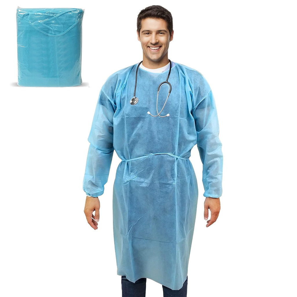 100 Pack Disposable Isolation Gowns Blue Level 2 SMS 40gsm Non-Woven Material G6241