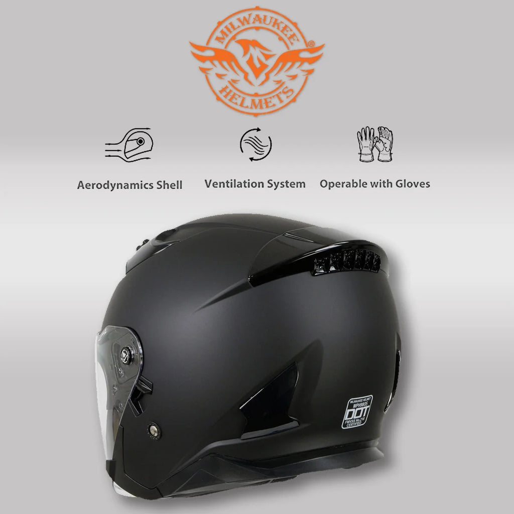 Matte Black Open Face 3/4 Helmet with Drop Down Tinted Visor Y1686